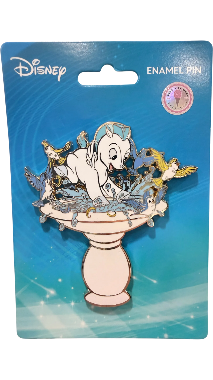 Graidan Collectibles Disney Pegasus enamel pin featuring the white horse splashing in a birdbath with small birds.
