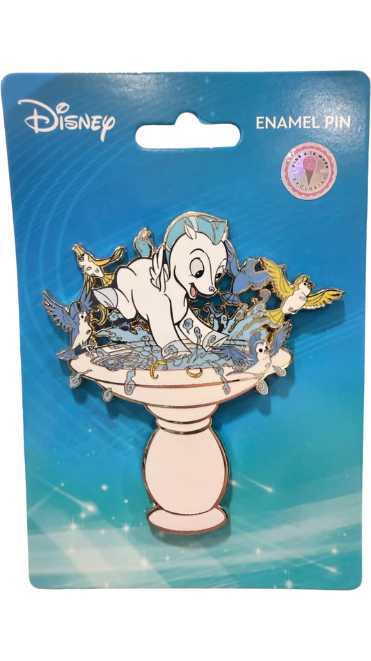 Graidan Collectibles Disney Pegasus enamel pin featuring the white horse splashing in a birdbath with small birds.