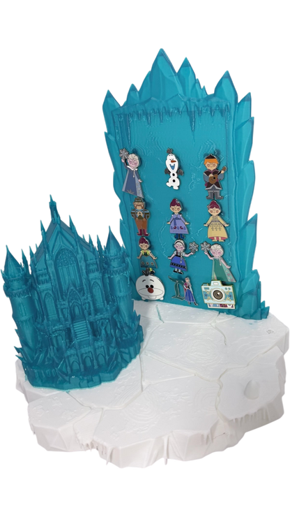 Graidan Collectibles 3D-printed translucent blue ice castle pin display stand with snowy base and character enamel pins