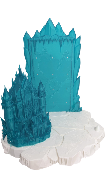 Graidan Collectibles 3D-printed blue ice castle pin display stand with a white snowy tundra base for enamel pins.