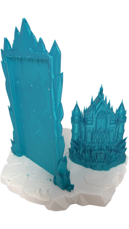 Graidan Collectibles 3D-printed blue ice castle pin display stand with a snowy white base for enamel pin collection.