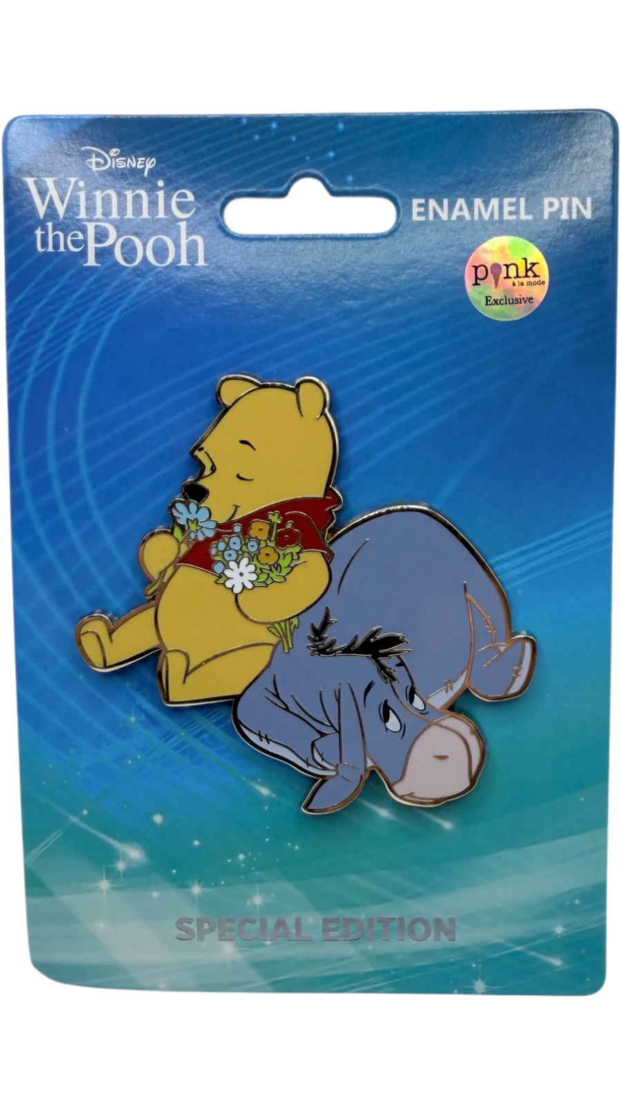 Graidan Collectibles Winnie the Pooh and Eeyore enamel pin featuring Pooh holding flowers on a blue display card
